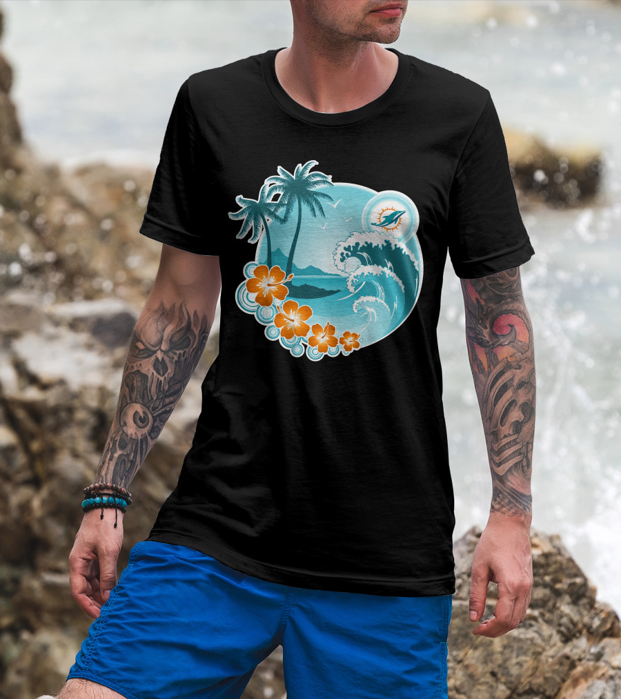 Miami Dolphins Happy Holidays Tropical Wave And Palm Trees Scene T-Shirt