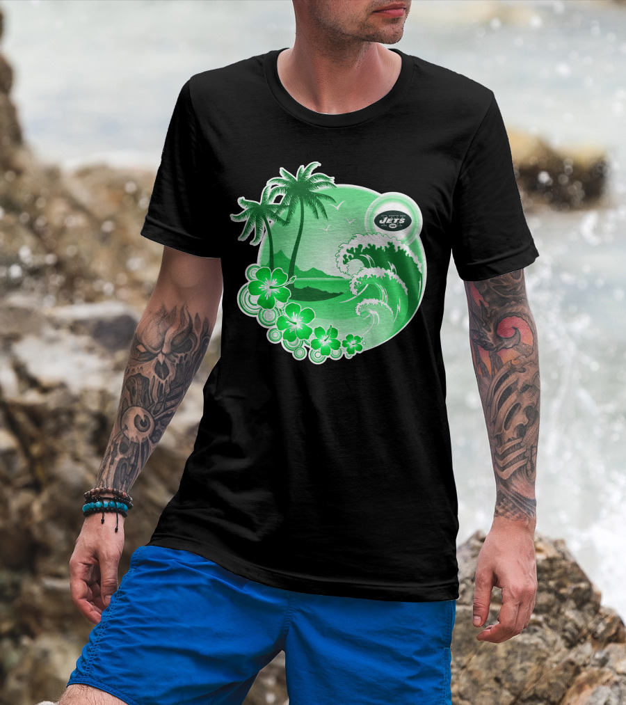 New York Jets Happy Holidays Tropical Waves And Palm Trees T-Shirt