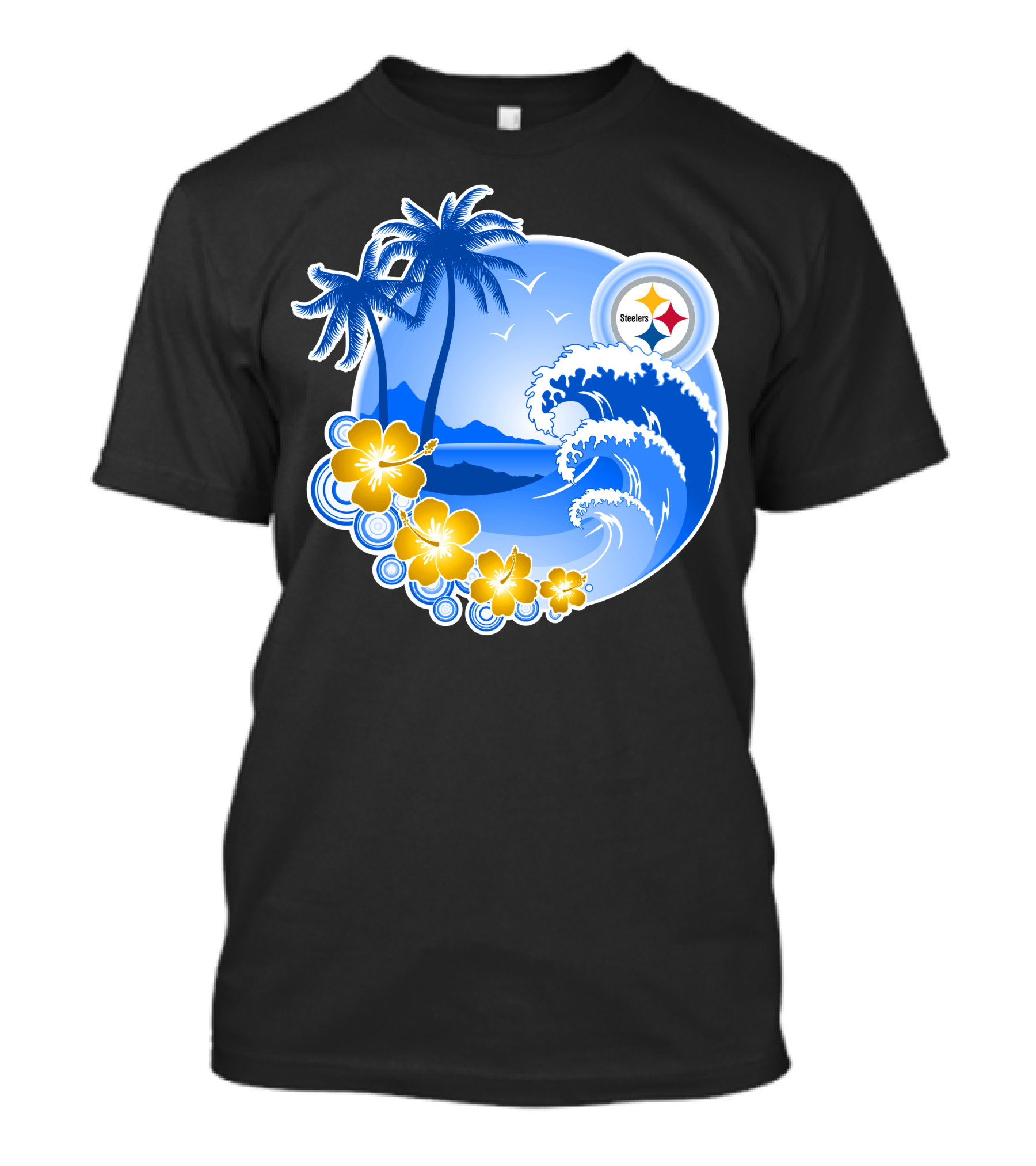 Pittsburgh Steelers Happy Holidays Tropical Waves Palm Trees Flowers T-Shirt