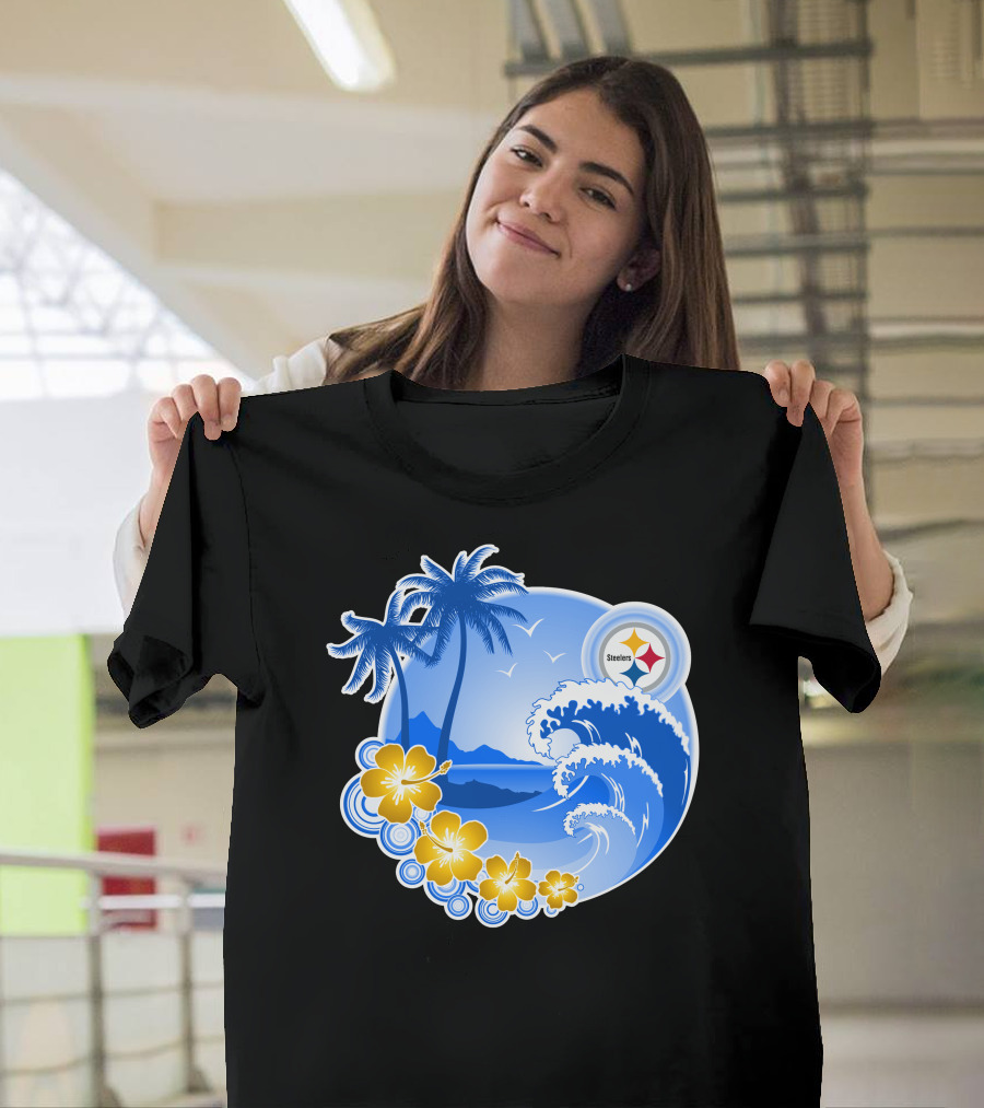 Pittsburgh Steelers Happy Holidays Tropical Waves Palm Trees Flowers T-Shirt