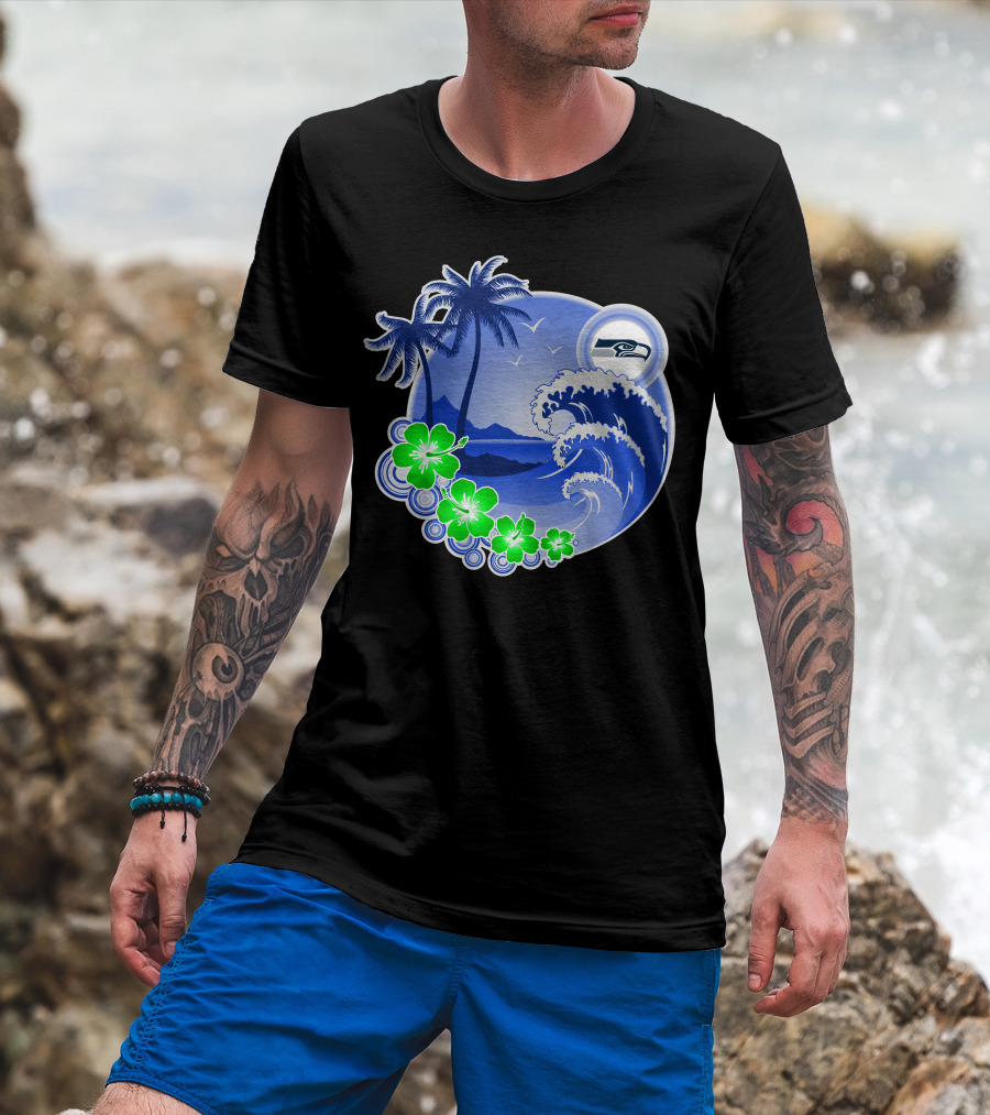 Seattle Seahawks Tropical Beach Happy Holidays Wave And Palm Trees T-Shirt