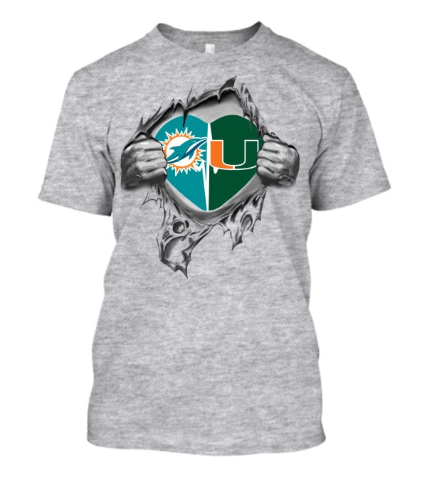 Dolphins Miami Hurricanes Heart Logo Tear T-Shirt