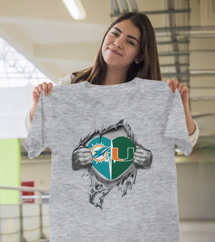 Dolphins Miami Hurricanes Heart Logo Tear T-Shirt