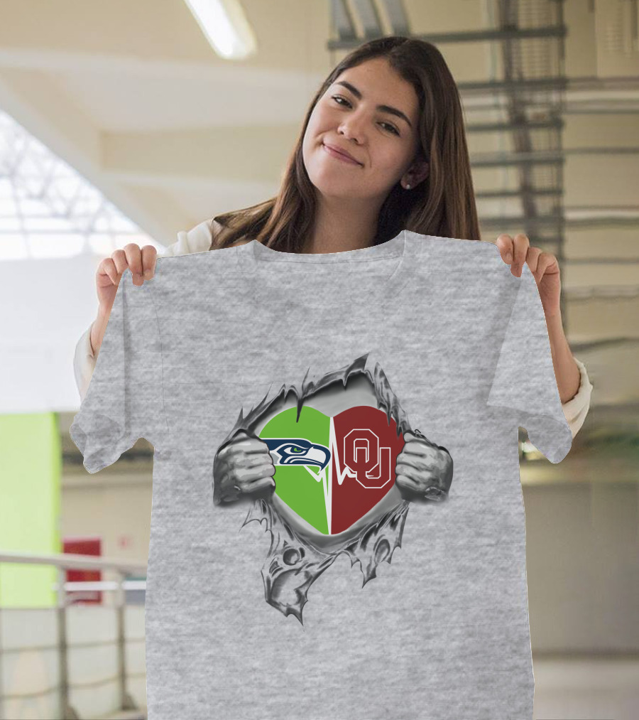 Seahawks Oklahoma Sooners Heart Logo With Torn T-Shirt