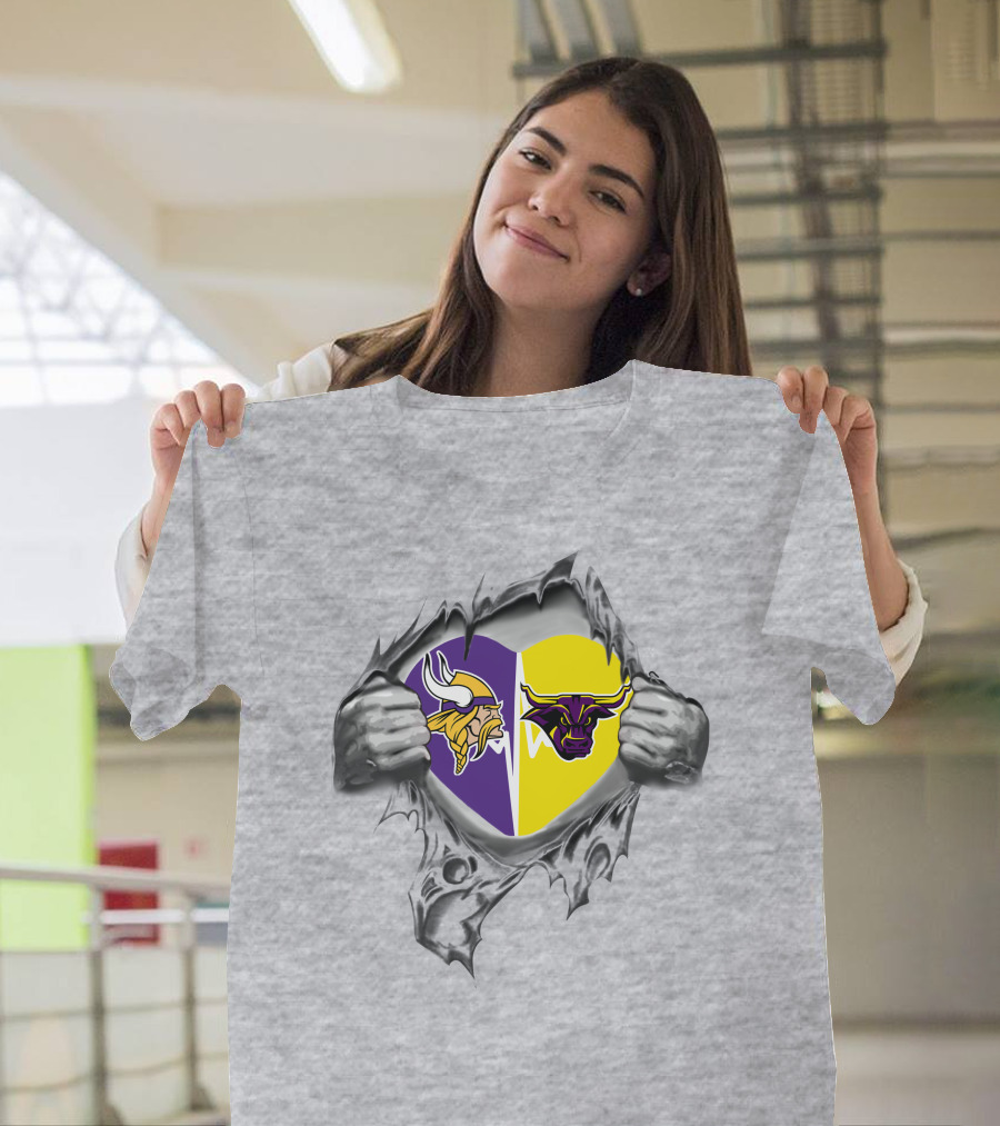 Vikings Mankato Mavericks Heart Opening Dual Logos T-Shirt