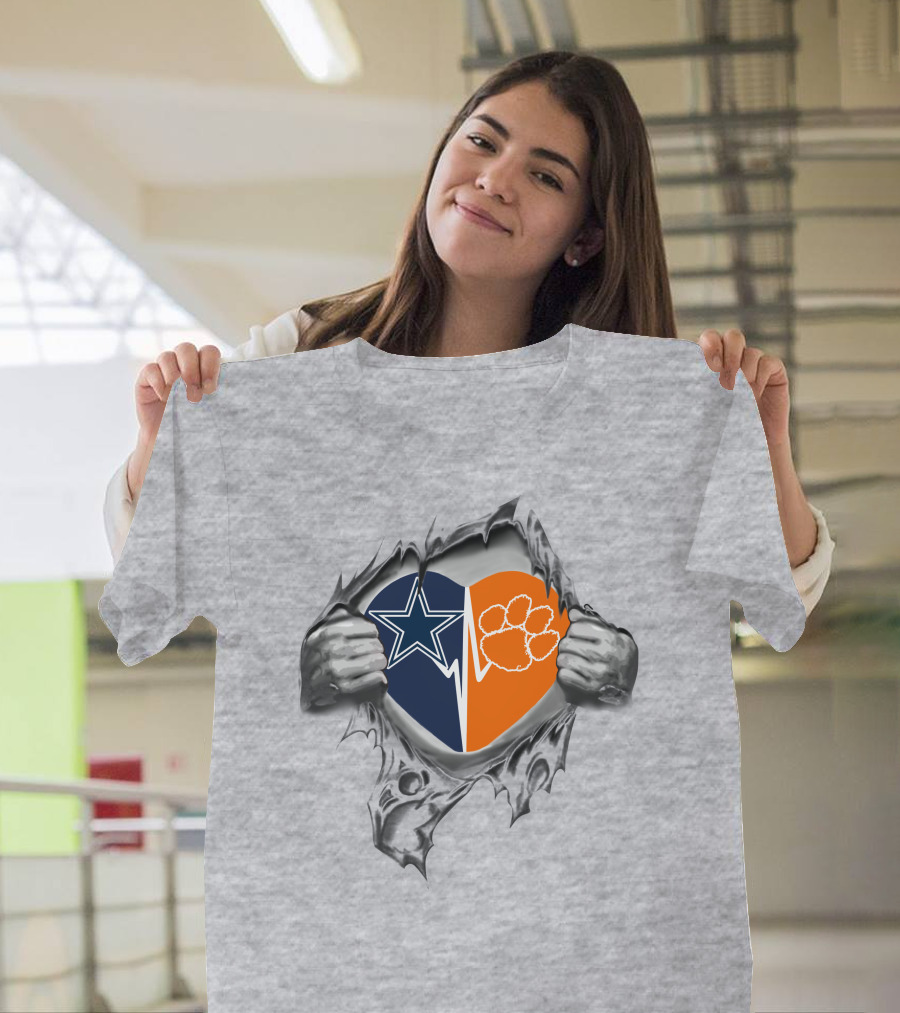 Cowboys Clemson Heart Silhouette With Star And Paw Print T-Shirt