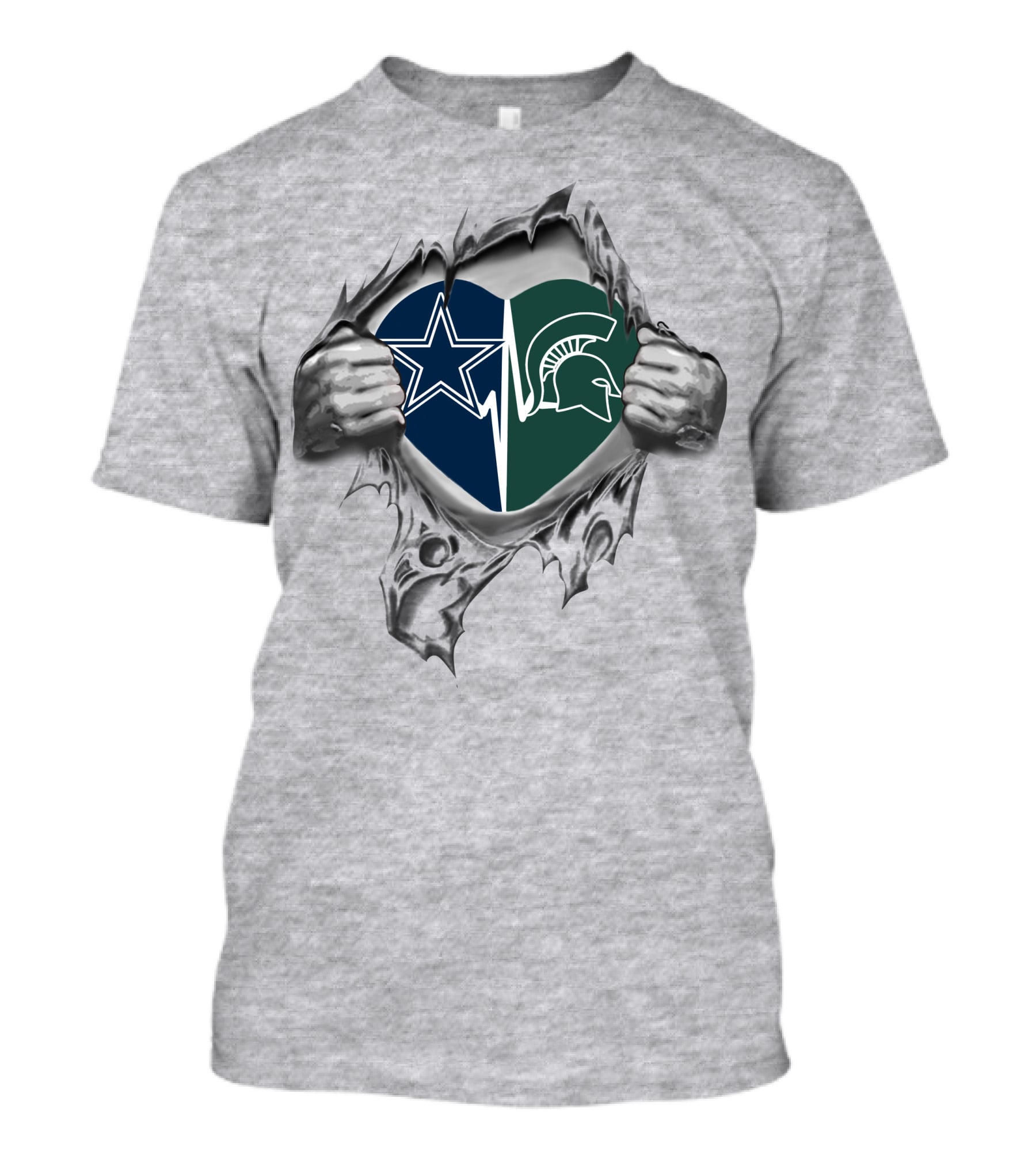 Cowboys Michigan State Spartans Heart Design Inside Ripped Chest T-Shirt