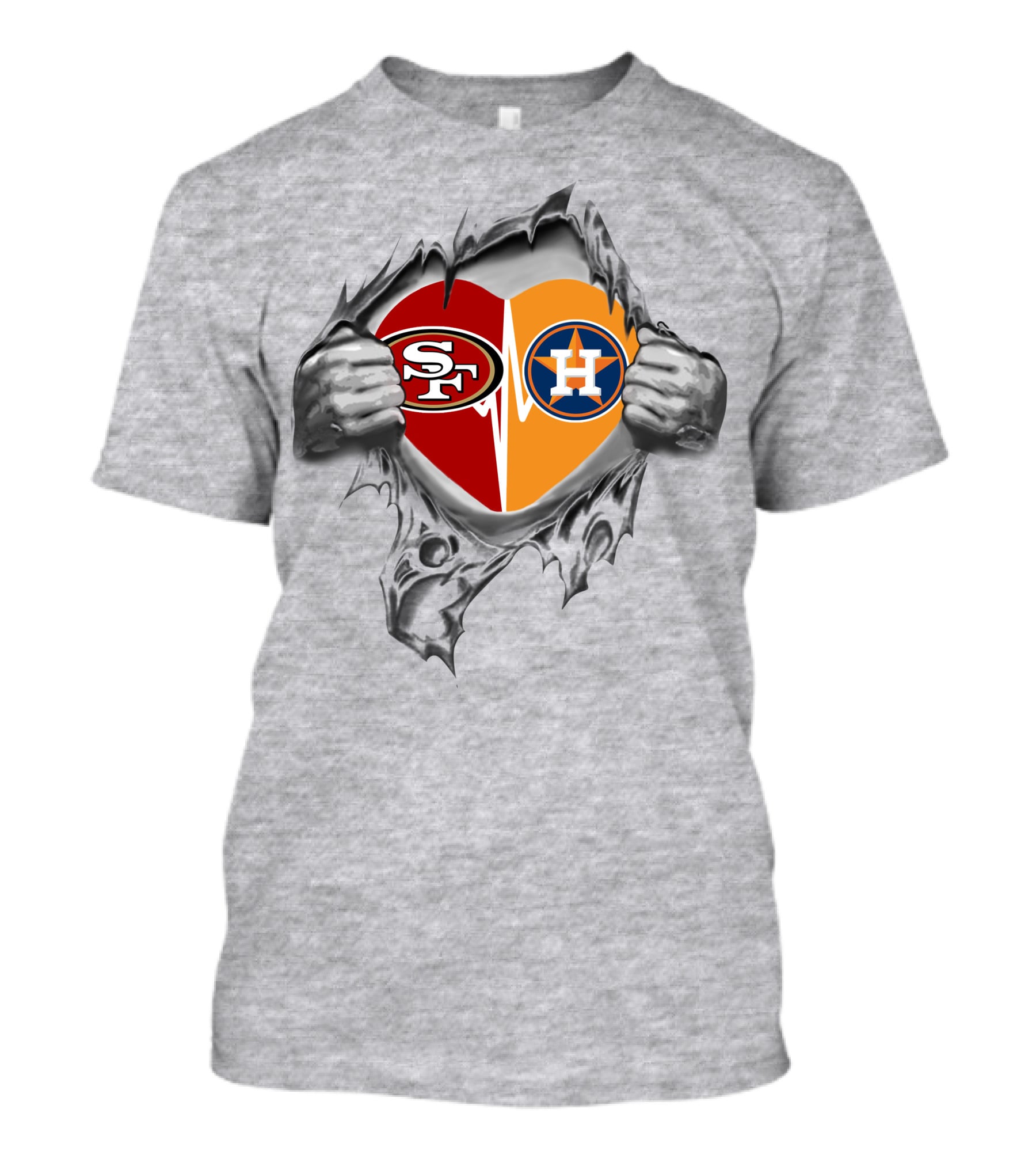 49ers Houston Astros Heart Logos With Ripped Skin Effect T-Shirt