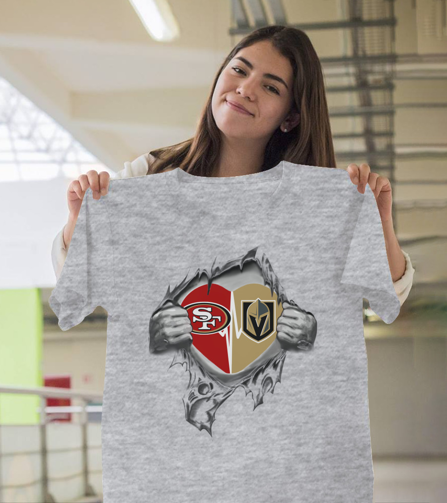 49ers Vegas Golden Knights Heart Design With Tattered Hands T-Shirt