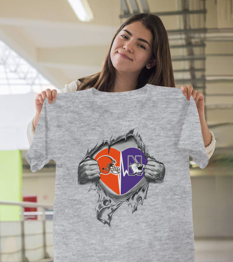 Browns Northwestern Wildcats Heart Design With Helmet And Mascot Logos T-Shirt