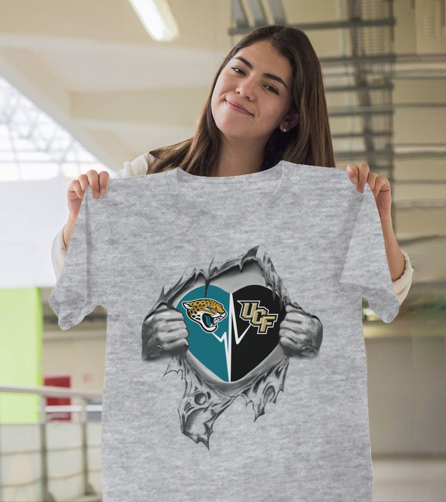 Jacksonville Jaguars Ucf Knights Heart Design Busting Through T-Shirt