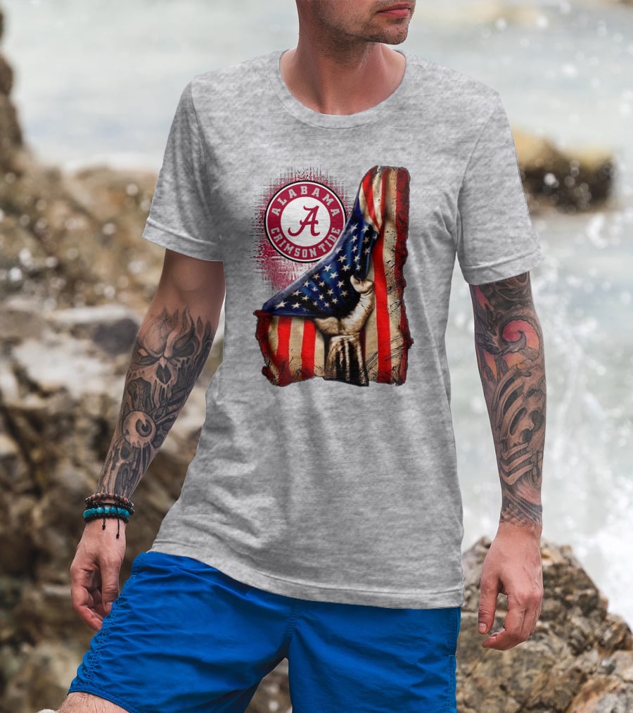 Alabama Crimson Tide American Flag Fist Outline T-Shirt