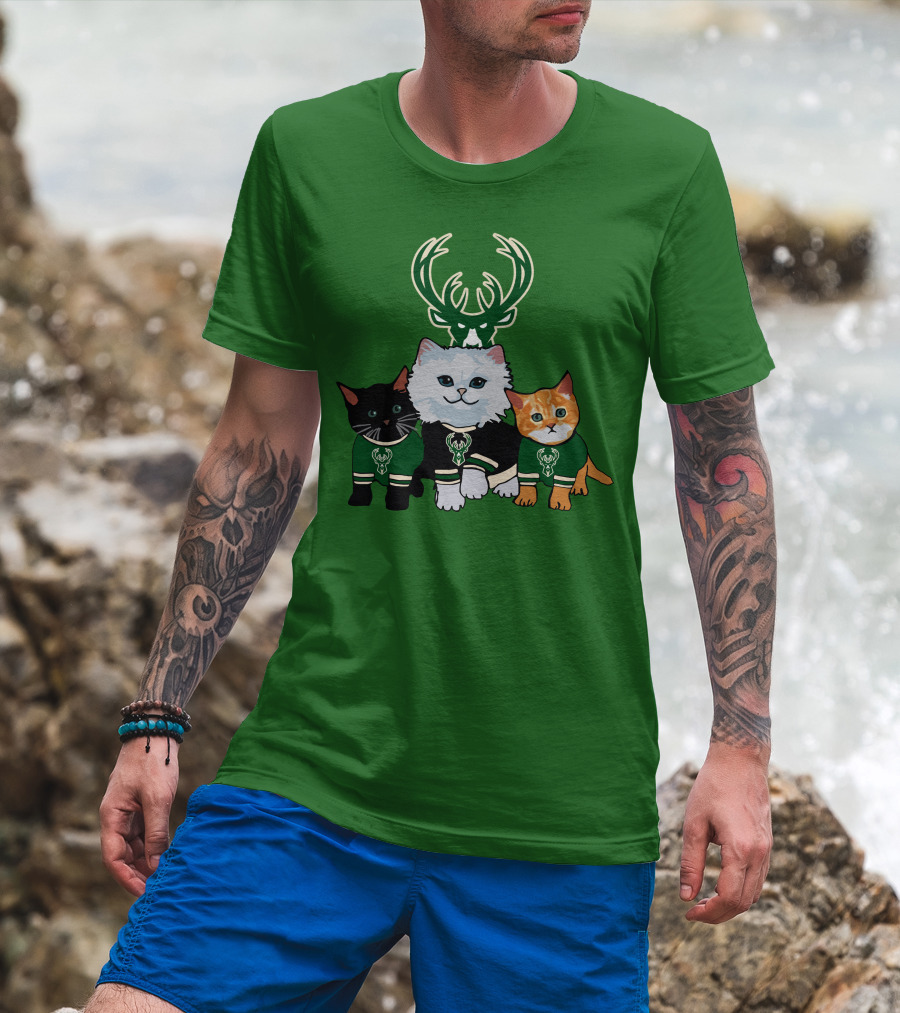 Milwaukee Bucks Cats Trio With Team Logos And Deer Antlers T-Shirt