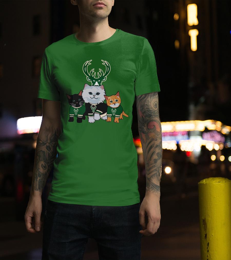 Milwaukee Bucks Cats Trio With Team Logos And Deer Antlers T-Shirt