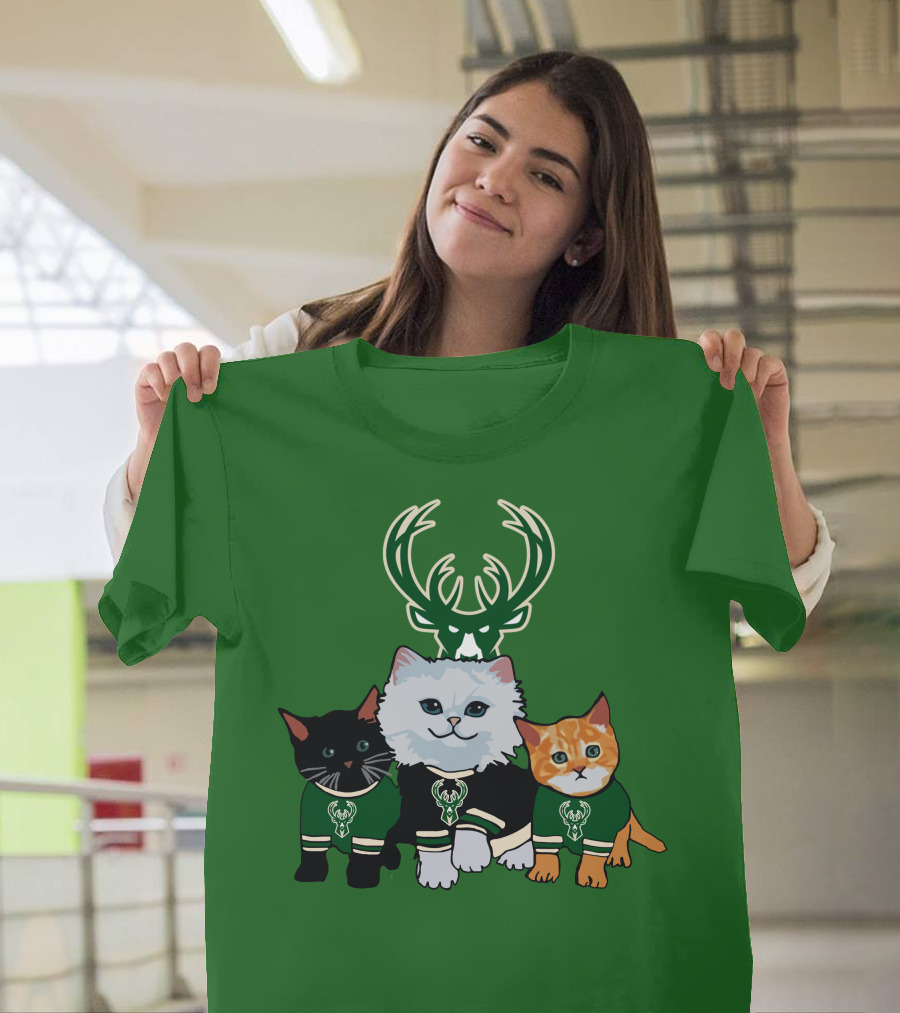 Milwaukee Bucks Cats Trio With Team Logos And Deer Antlers T-Shirt