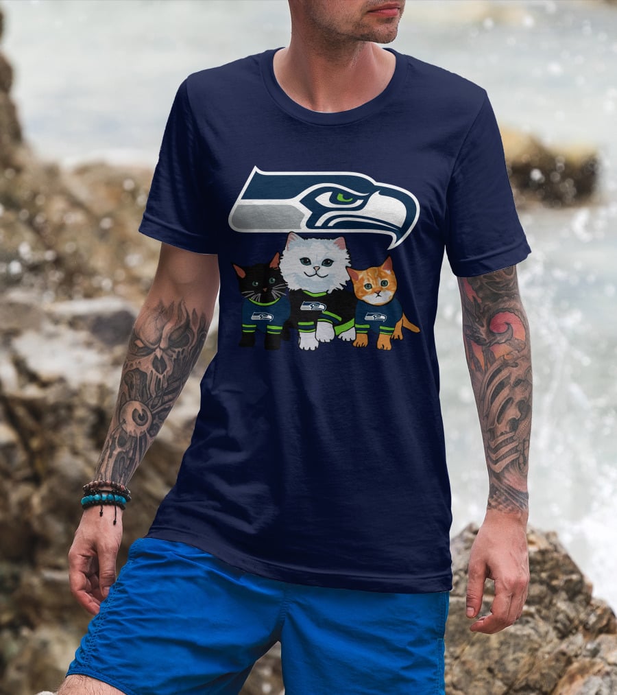 Seattle Seahawks Logo With Cats In Team Jerseys T-Shirt