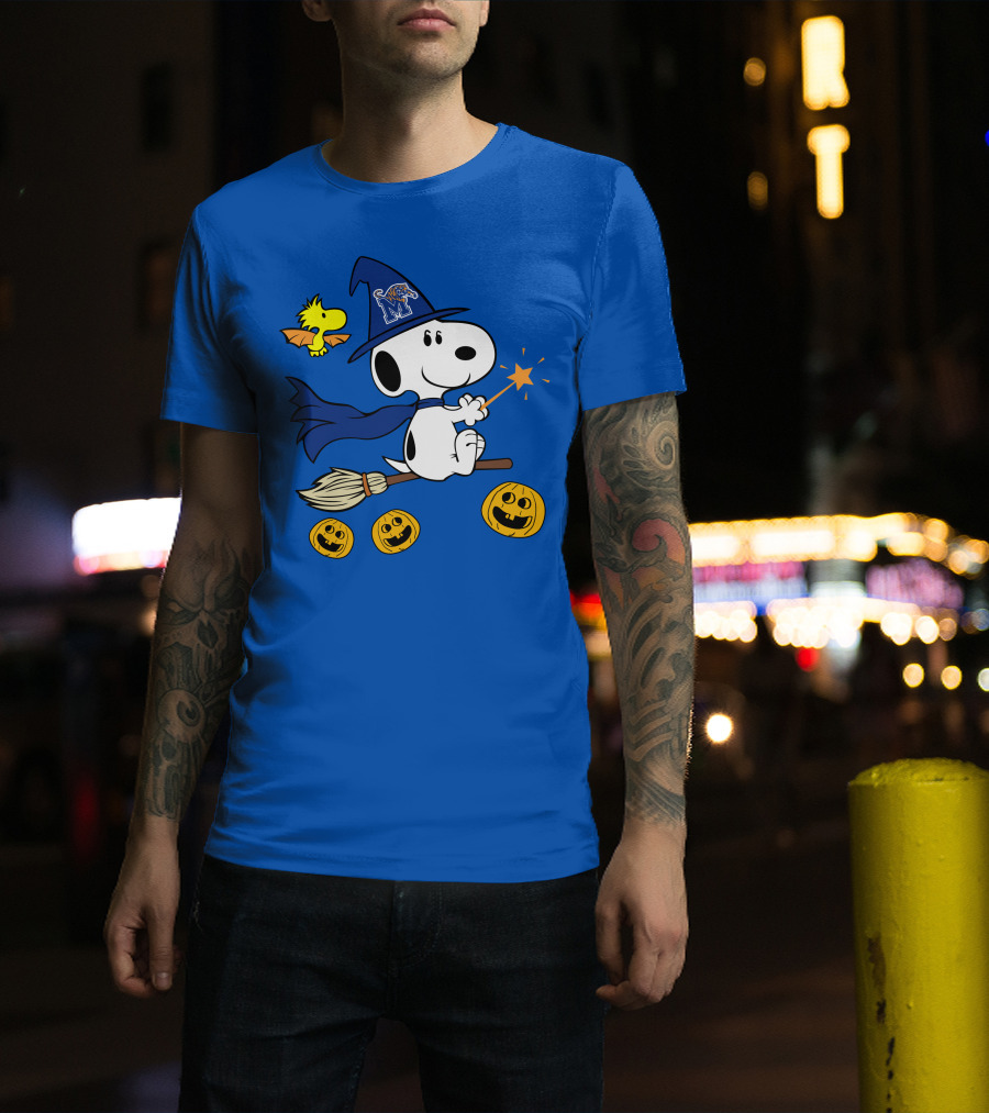 Snoopy And Woodstock Flying Witch With Memphis Tigers Hat And Happy Halloween Pumpkins T-Shirt