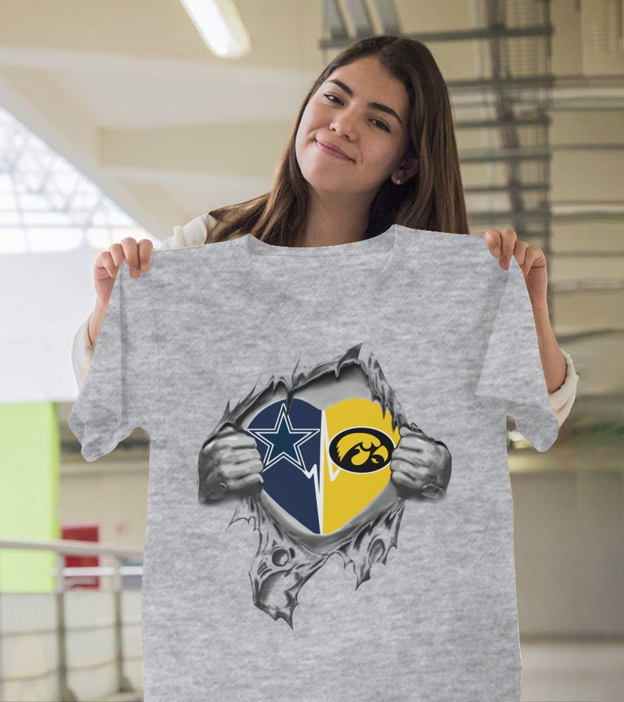 Cowboys And Iowa Hawkeyes Passion Torn Heart With Logos T-Shirt