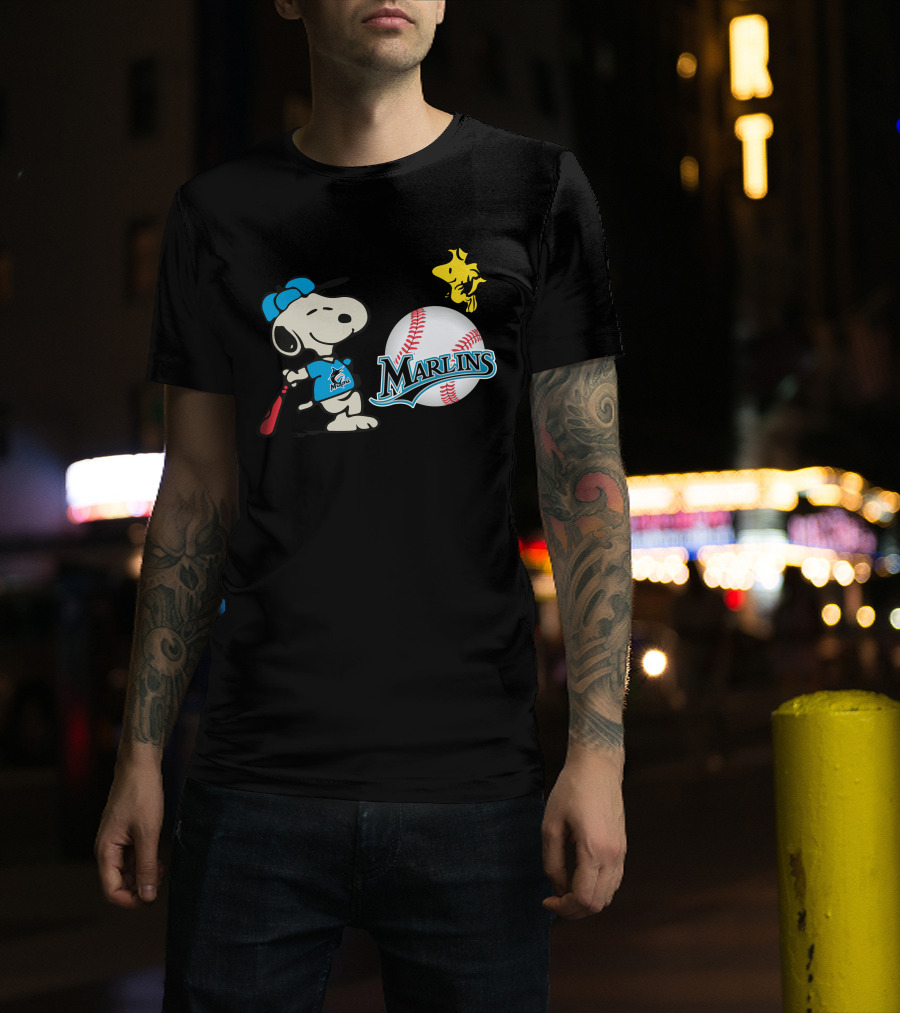 Miami Marlins Snoopy Baseball Woodstock Cartoon T-Shirt