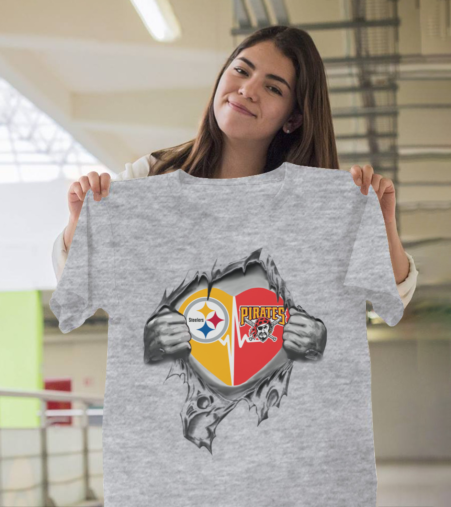 Steelers Pirates Heart Design In Torn Fabric T-Shirt
