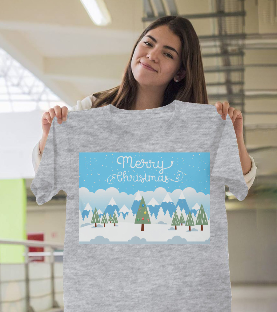 Merry Christmas Snowy Mountain Landscape with Decorated Tree T-Shirt