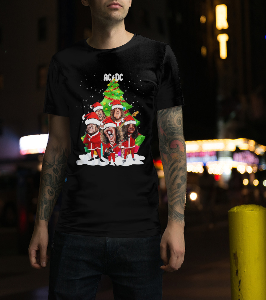 ACDC Christmas Band Santa Hats Cartoon Snow Guitar Christmas Tree T-Shirt