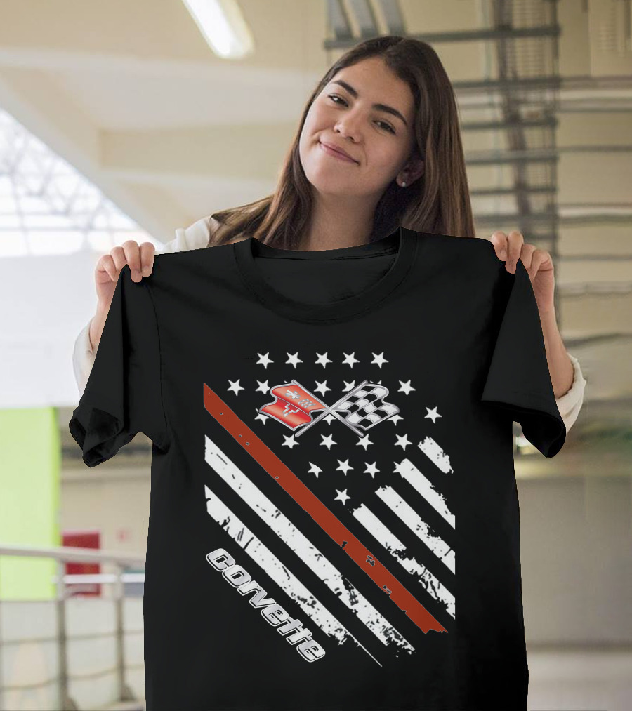 Corvette C3 American Flag Vintage Racing Stripes and Emblems T-Shirt