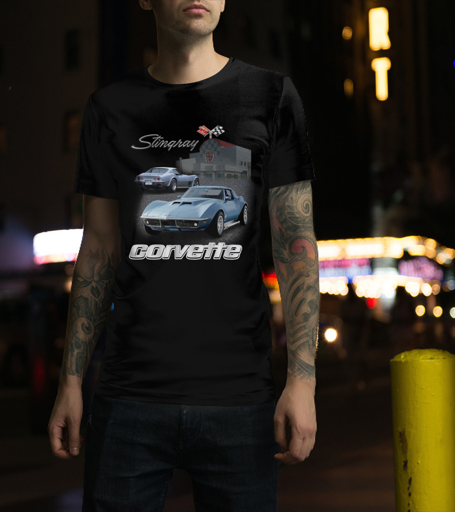 Stingray Corvette Classic C3 At Museum With Racing Flag Emblem T-Shirt