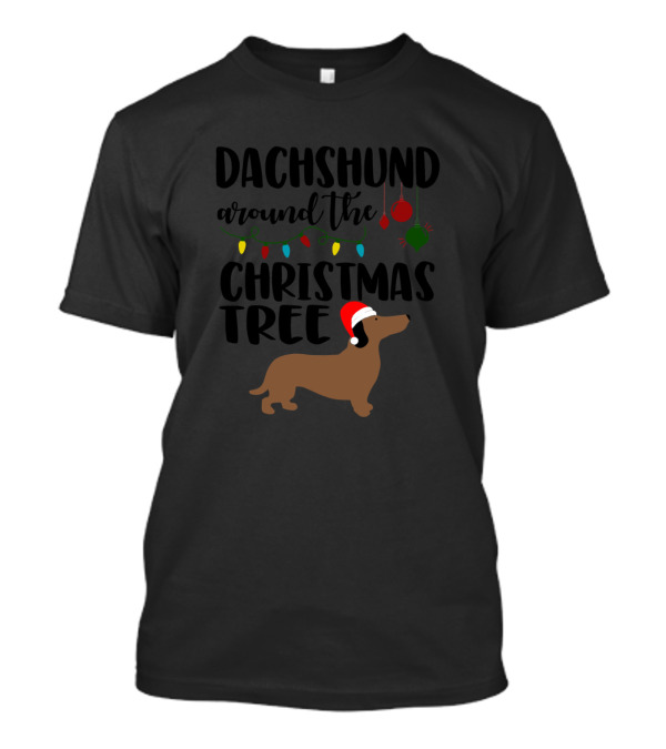 Dachshund Around The Christmas Tree With Festive Lights And Ornaments T-Shirt