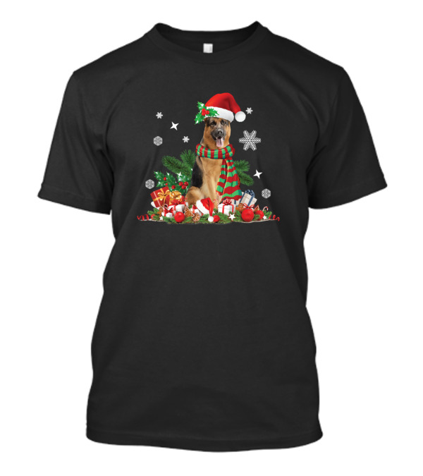 Christmas German Shepherd With Santa Hat And Scarf Surrounded By Gifts And Snowflakes T-Shirt