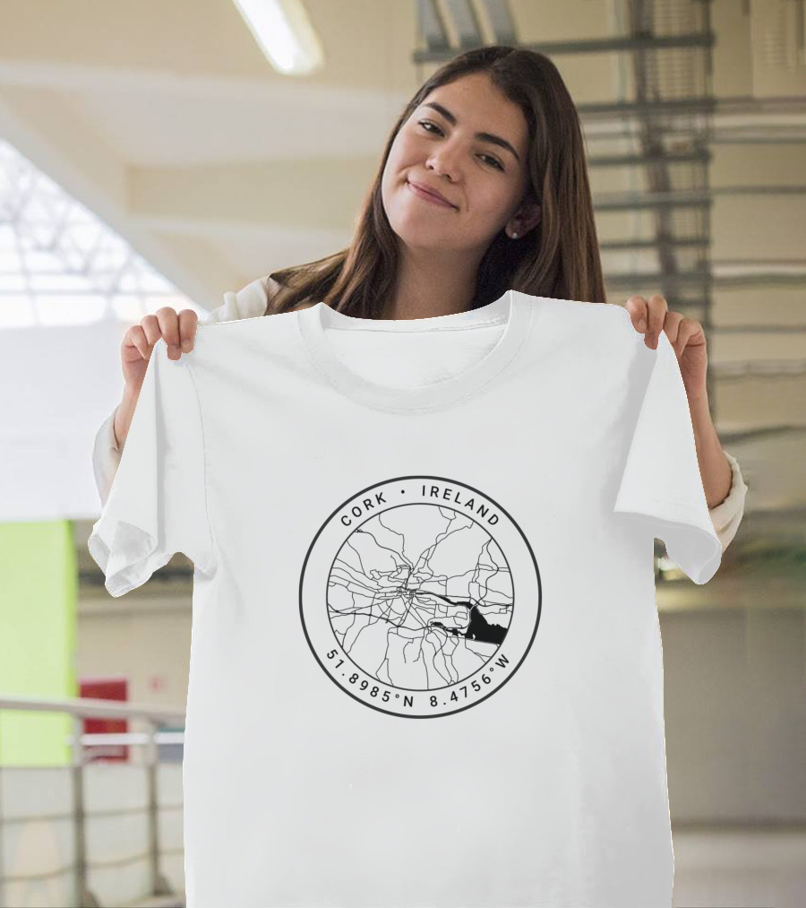 Cork Ireland Map Coordinates 51.8985°N 8.4756°W T-Shirt
