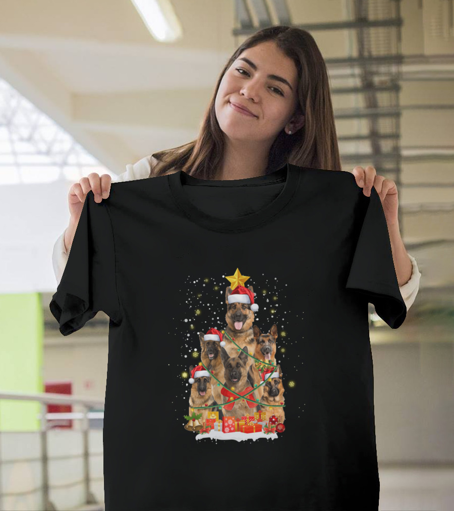 German Shepherd Christmas Tree with Santa Hats and Gifts T-Shirt