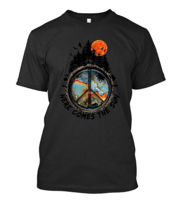 Hippie Retro Peace Symbol Here Comes The Sun Moon Forest T-Shirt
