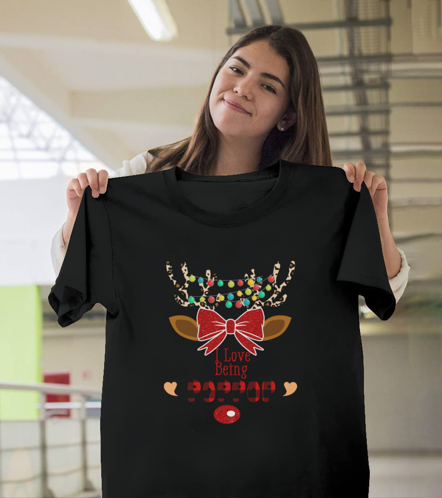 I Love Being Poppop Funny Christmas Deer with Lights and Bow T-Shirt