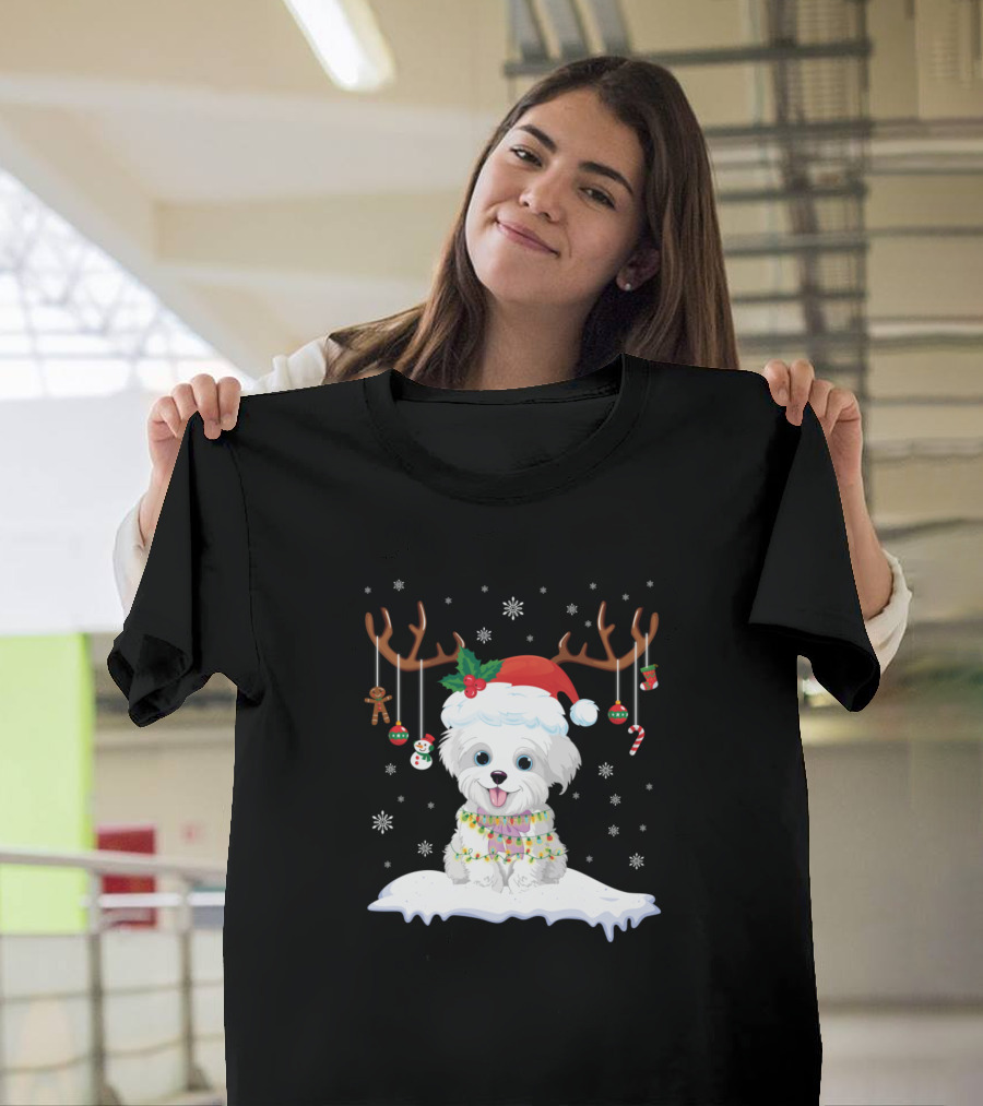 Morkie Santa Hat Reindeer Antlers Christmas Snowflakes Ornaments T-Shirt