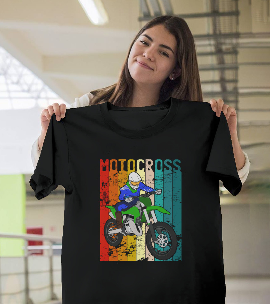 Motocross Retro Racing Vintage Dirt Bike Rider Multicolor Stripes T-Shirt