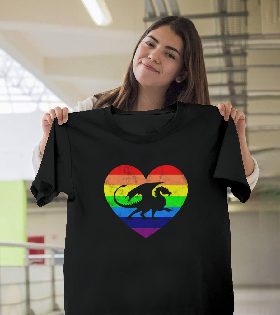 Rainbow Heart with Black Dragon Silhouette for Dragon Lover T-Shirt