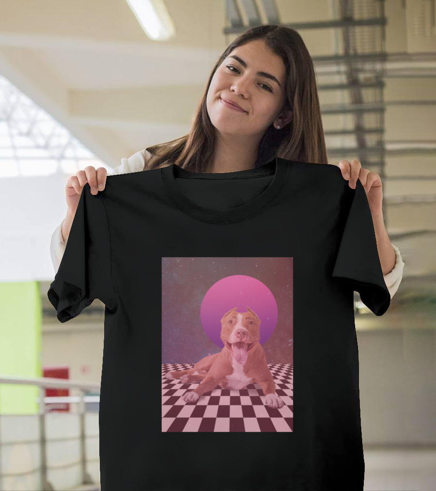 Retro Pitbull Vaporwave Aesthetic Checkerboard Galaxy Retro Sun T-Shirt