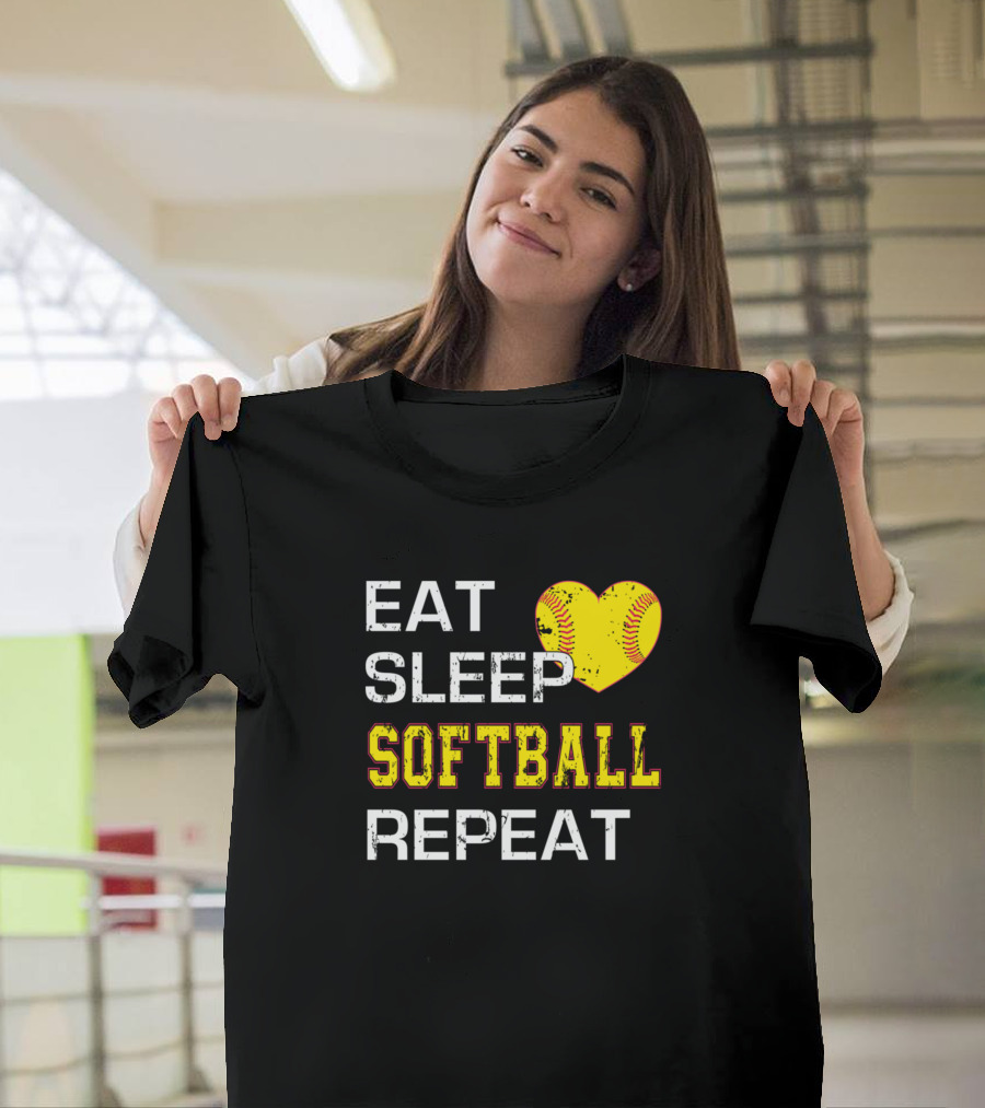 Eat Sleep Softball Repeat Heart Softball T-Shirt