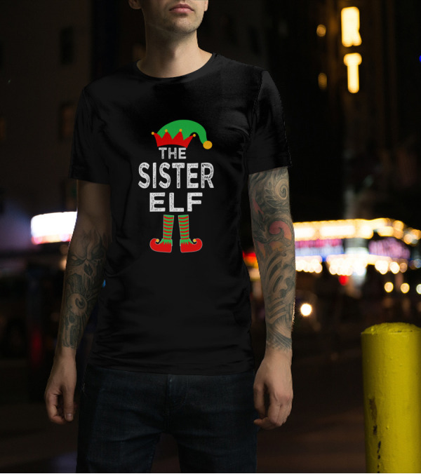 The Sister Elf Christmas Hat And Striped Shoes T-Shirt