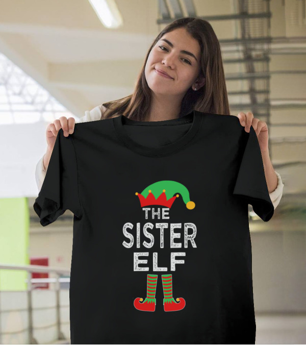 The Sister Elf Christmas Hat And Striped Shoes T-Shirt