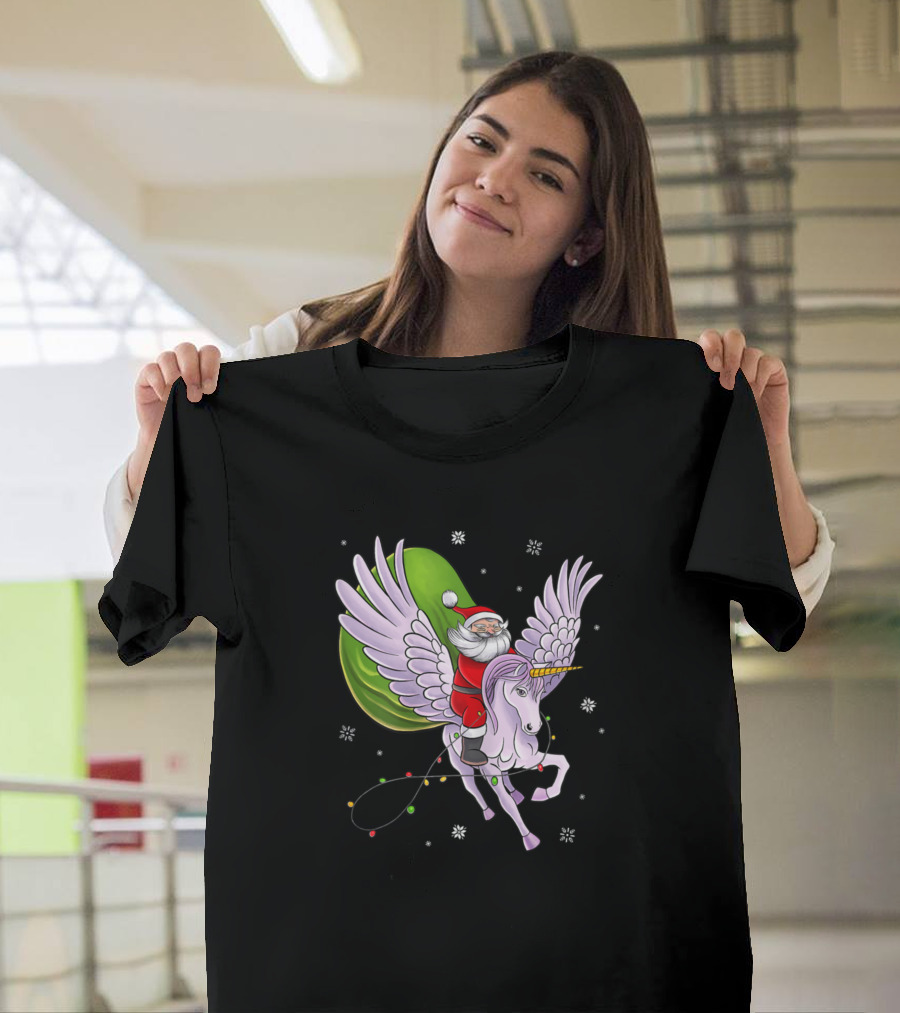 Santa Riding Unicorn Christmas Lights Snowflakes T-Shirt