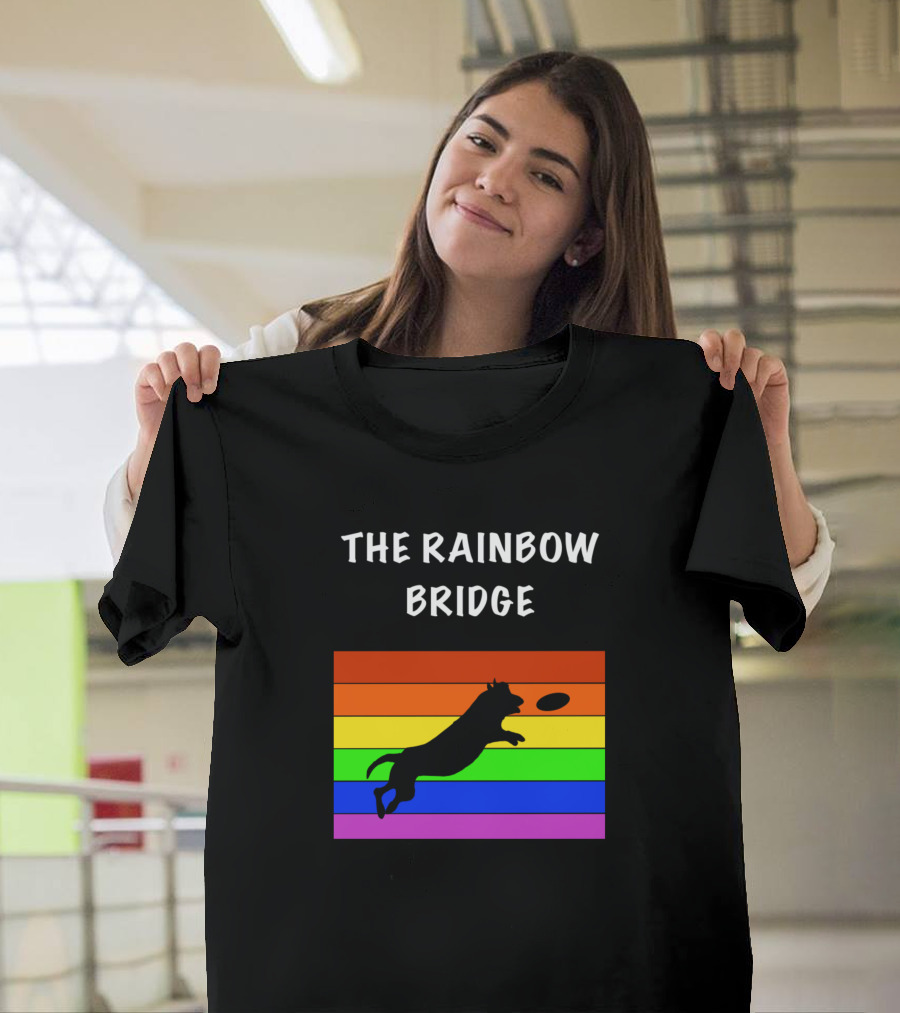 The Rainbow Bridge Dog Silhouette with Frisbee on Rainbow Stripes T-Shirt