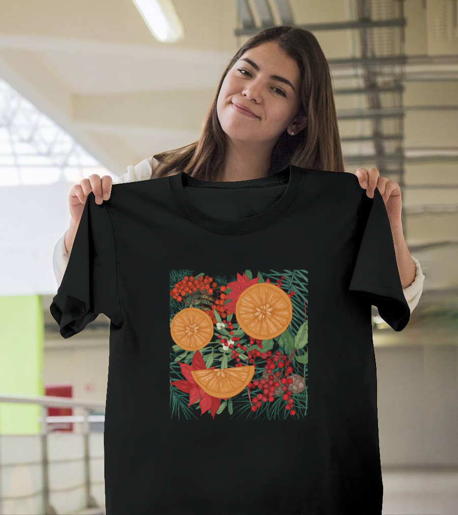 Orange Slices with Red Berries and Green Leaves T-Shirt