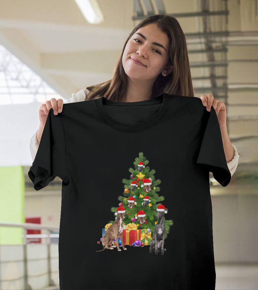 Greyhound Dog Santa Hats Christmas Tree with Gifts and Ornaments T-Shirt