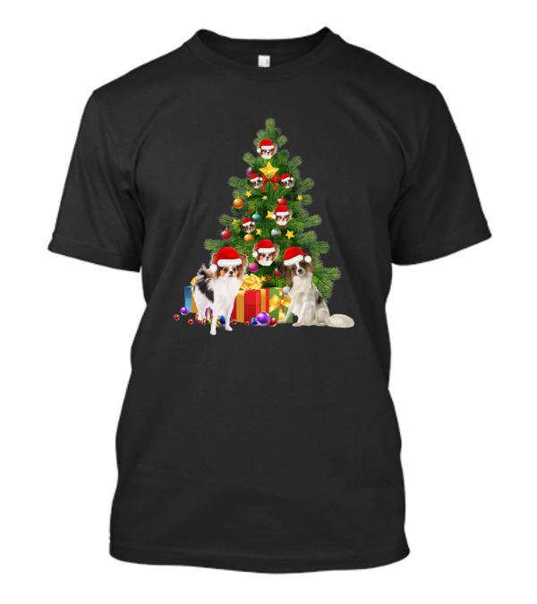Papillon Dog Santa Christmas Tree With Presents And Ornaments T-Shirt