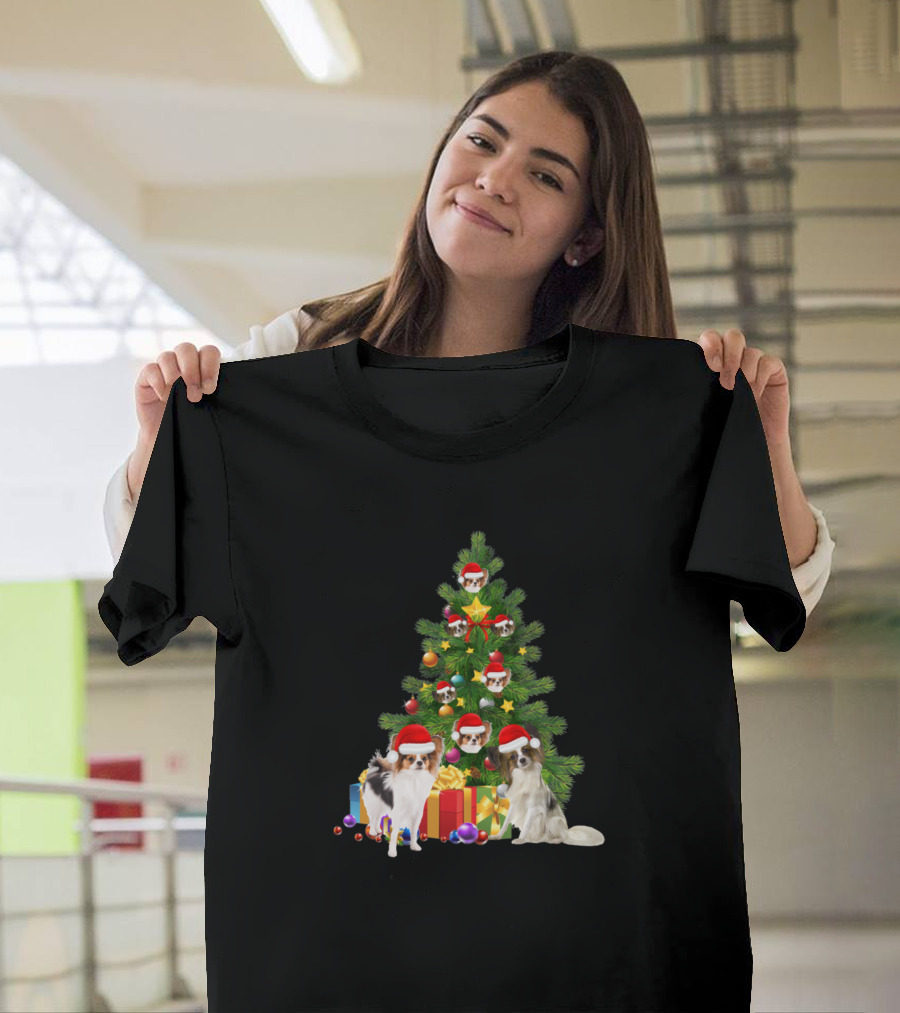 Papillon Dog Santa Christmas Tree with Presents and Ornaments T-Shirt