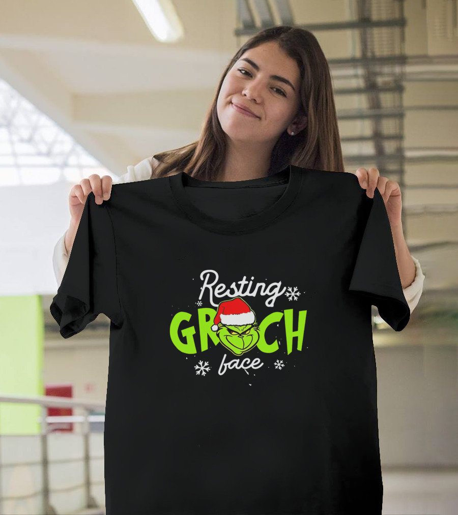 Resting Grinch Face Christmas Santa Hat Snowflakes T-Shirt