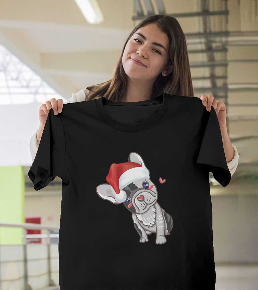 Cute French Bulldog With Santa Hat Love Frenchie Dog T-Shirt