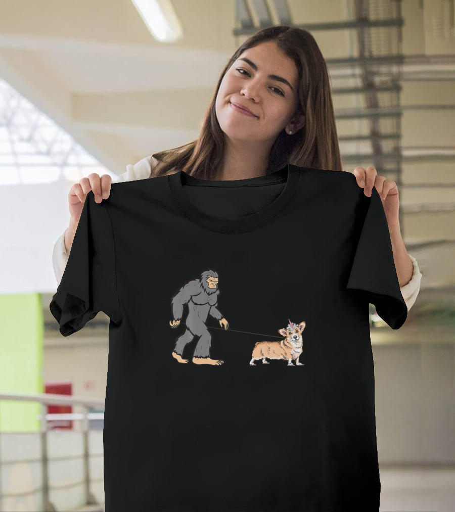 Funny Bigfoot Walking Corgi Unicorn Birthday Chris Bigfoot Walking Corgi T-Shirt